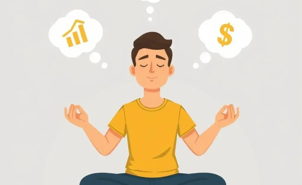 A person calmly considering investments with symbols