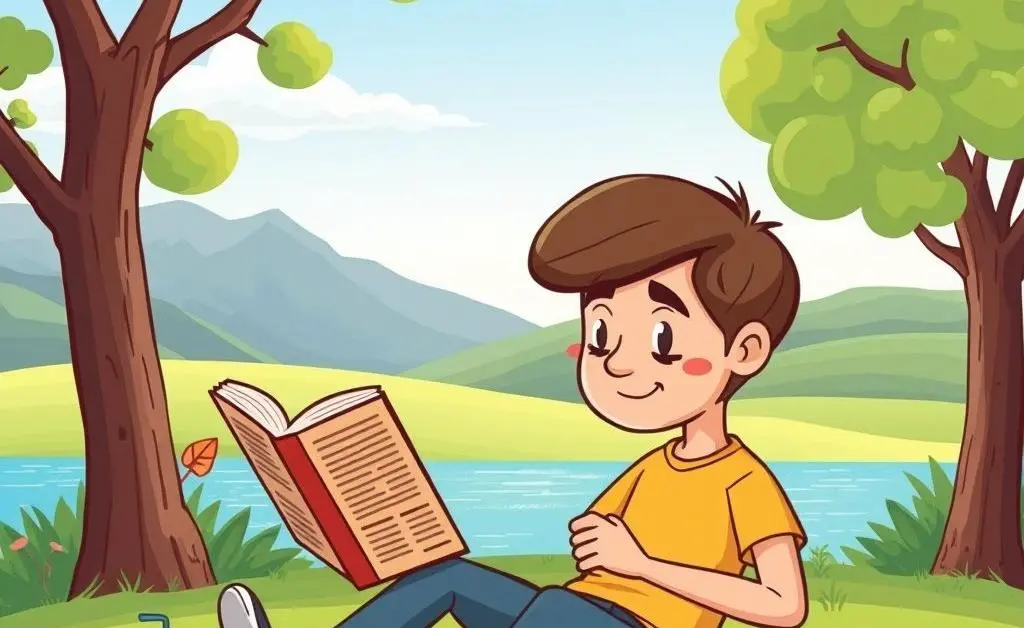 Cartoon-style image of a serene outdoor setting with someone reading an investment book