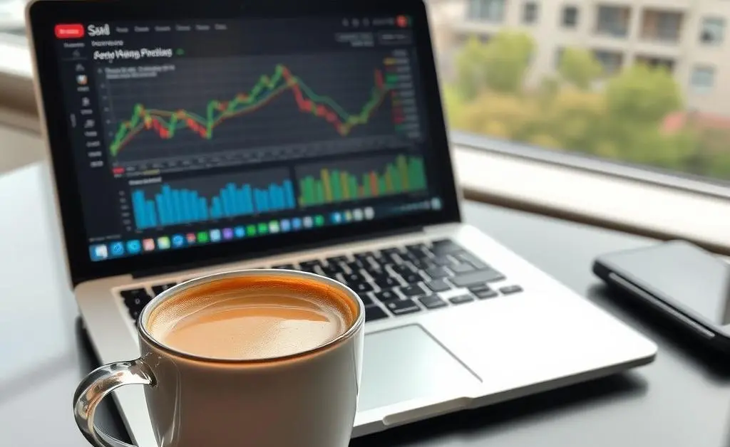 A relaxed scene with a cup of coffee, a laptop with financial graphs, and a window view.