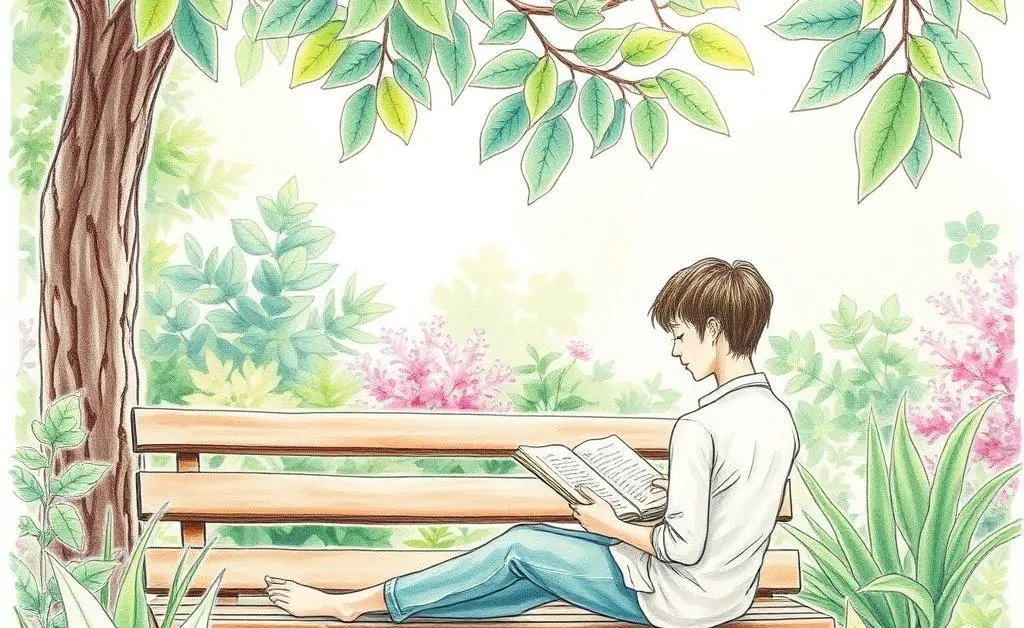 A hand-drawn illustration of a serene environment with plants and a person reading a finance book, representing calm investing.