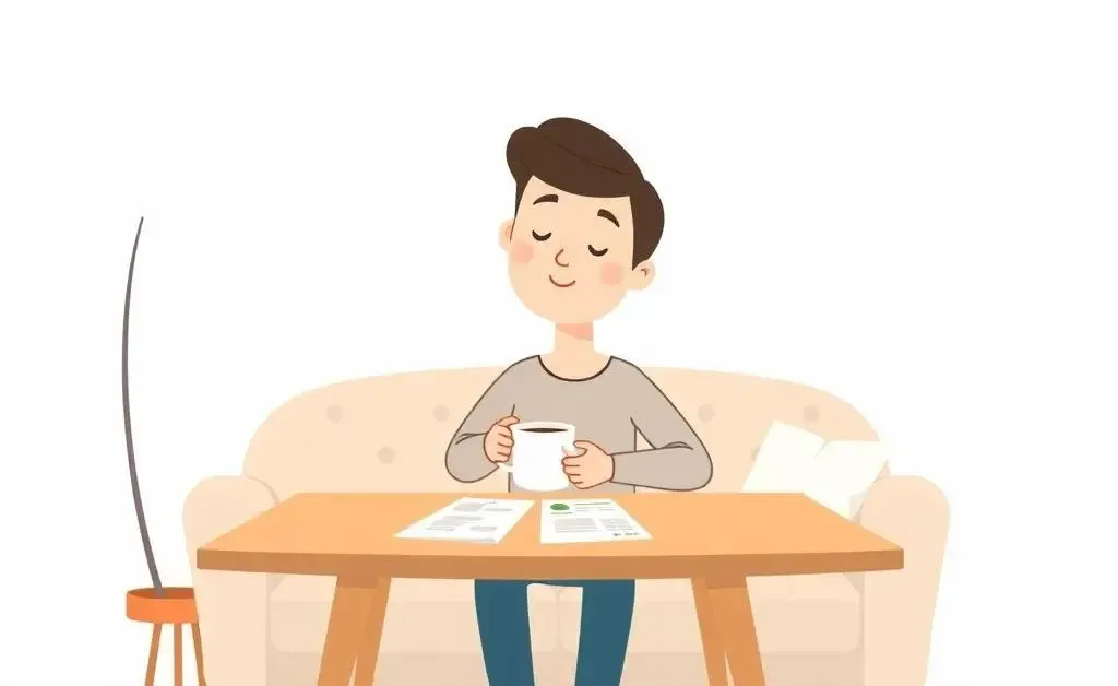 A person peacefully planning finances at a coffee table