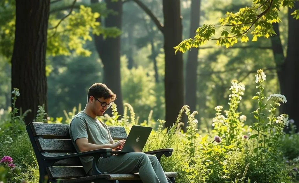 Person sitting calmly outdoors with a laptop