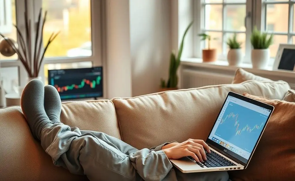 A person relaxed on a couch with a laptop, depicting stress-free investing
