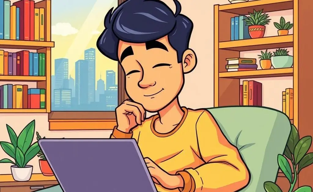 Cartoon-style illustration of a person calmly analyzing housing market trends and investments on a laptop.