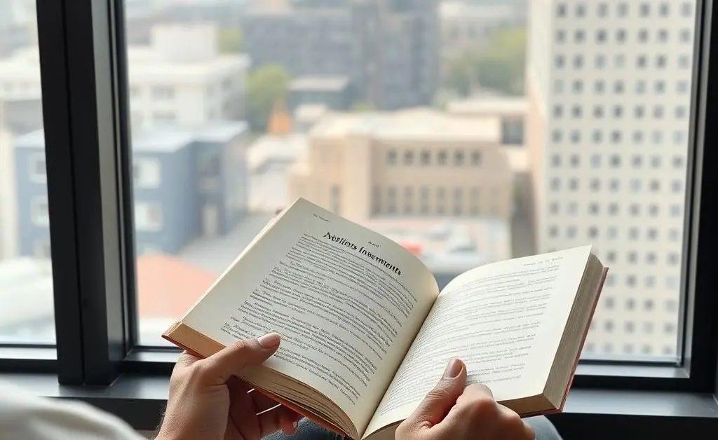 A serene setting with someone reading a book on investing by the window.