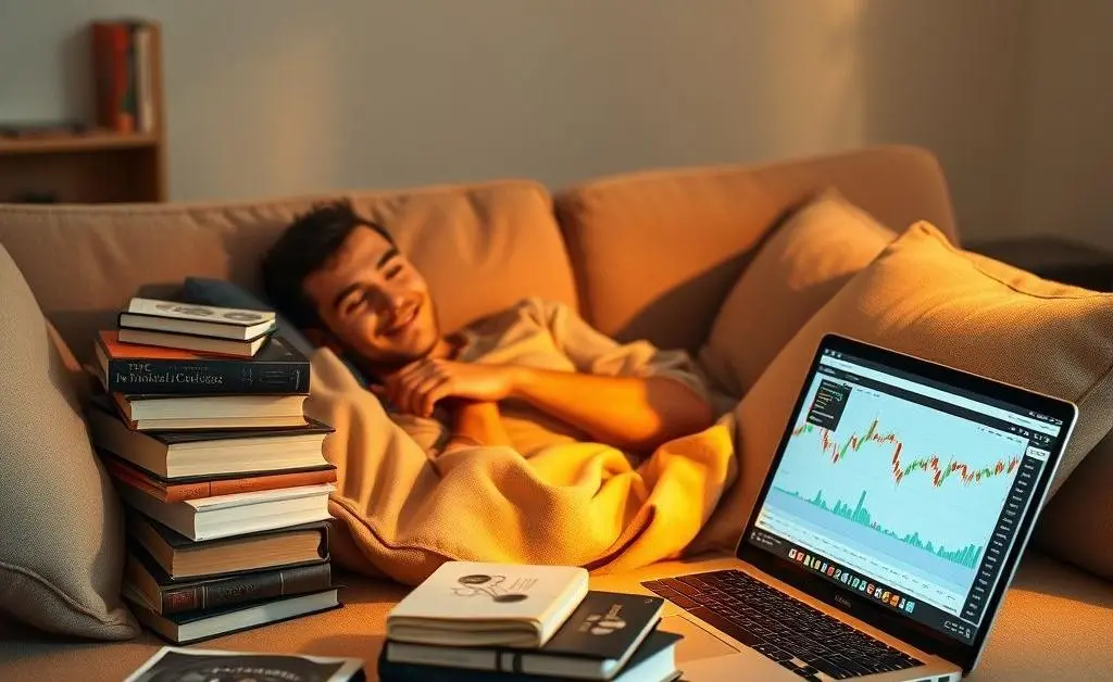 A person relaxing on a sofa with investment books and a laptop showing stock data