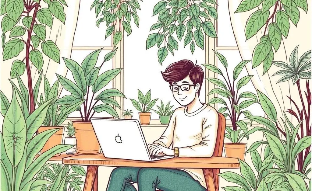 A hand-drawn image of a person sitting calmly with a laptop and surrounded by plants, representing a positive home-investing mindset.