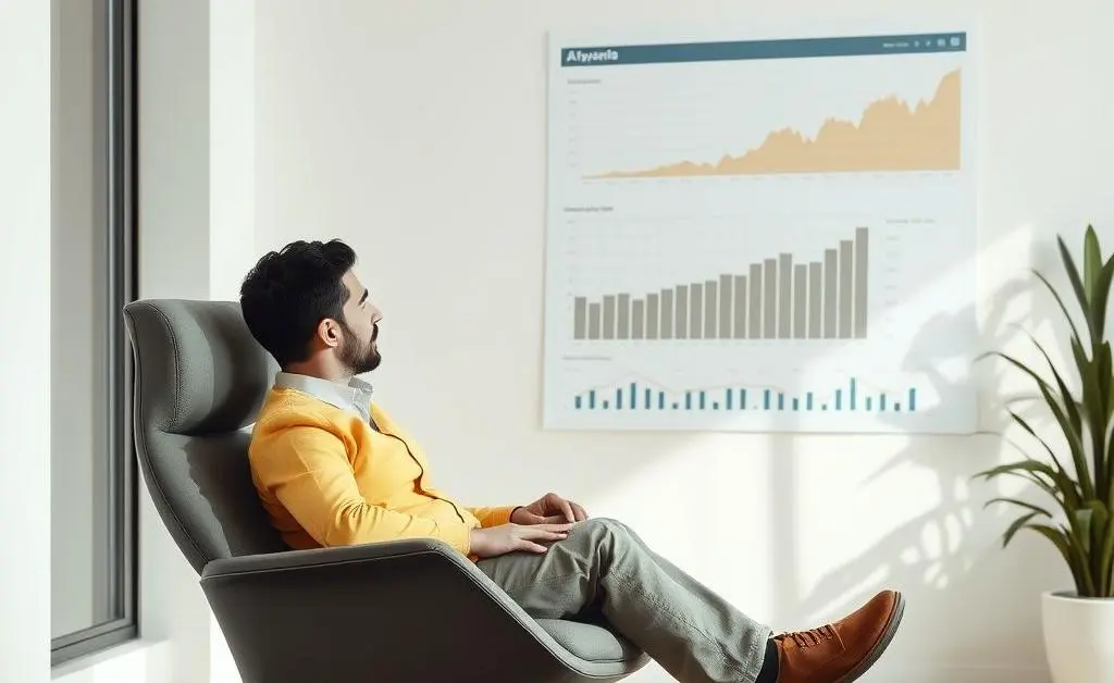 A person sitting calmly in a modern chair, looking at financial growth charts in a bright room