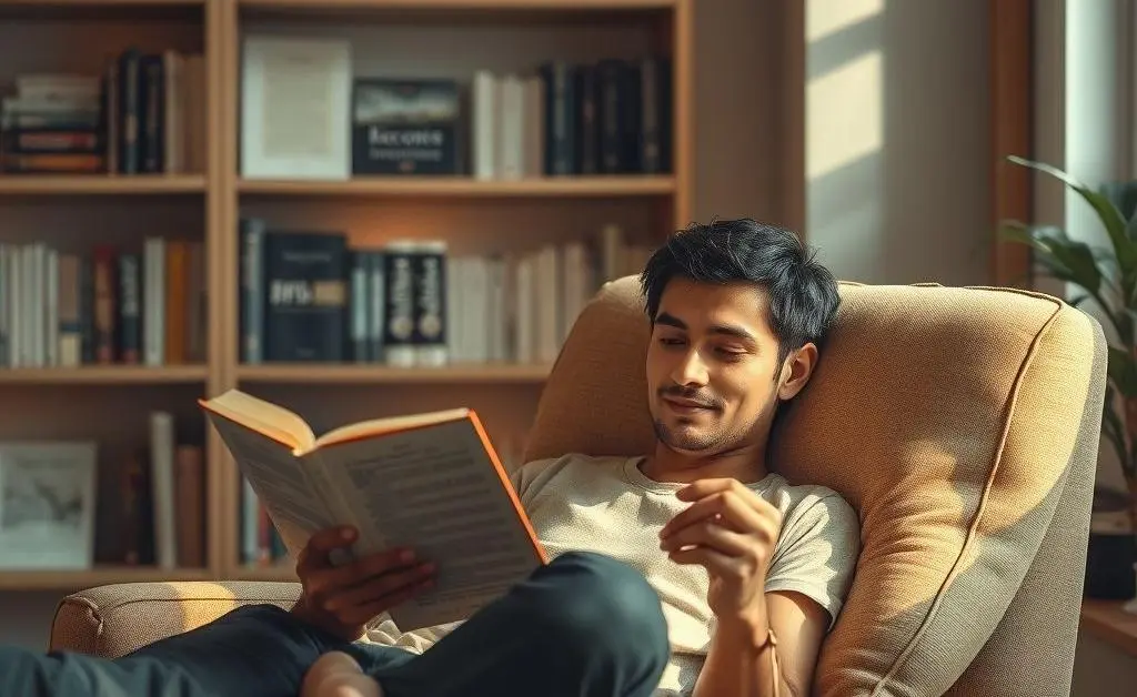 A serene scene of someone relaxing in a cozy chair while reading about investing.