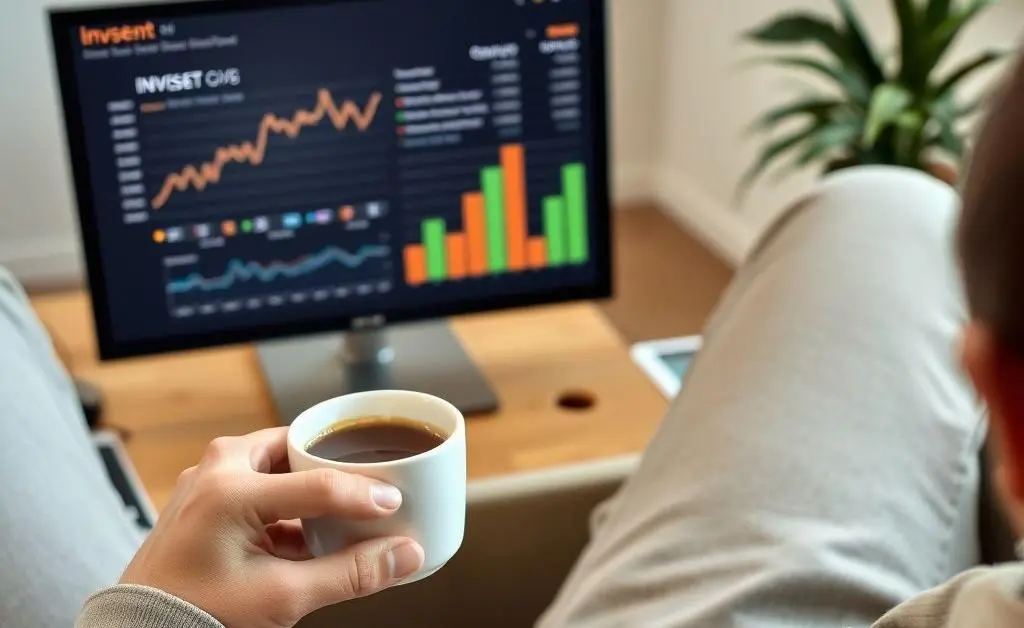 A person relaxing with a cup of coffee while monitoring their investment portfolio.