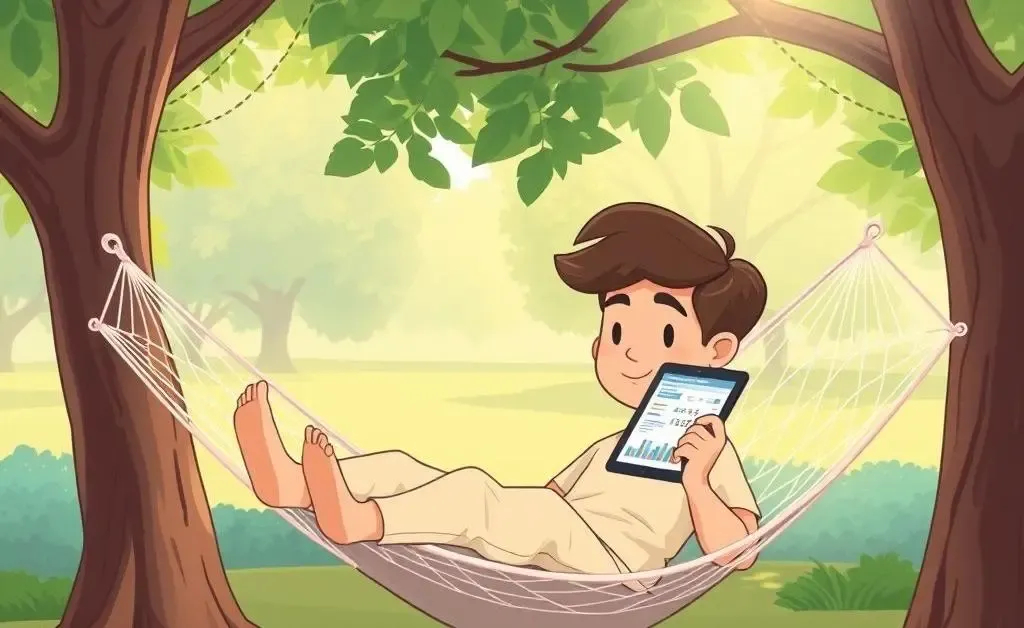 A calming cartoon scene of a person relaxing in a hammock with financial news on a tablet.