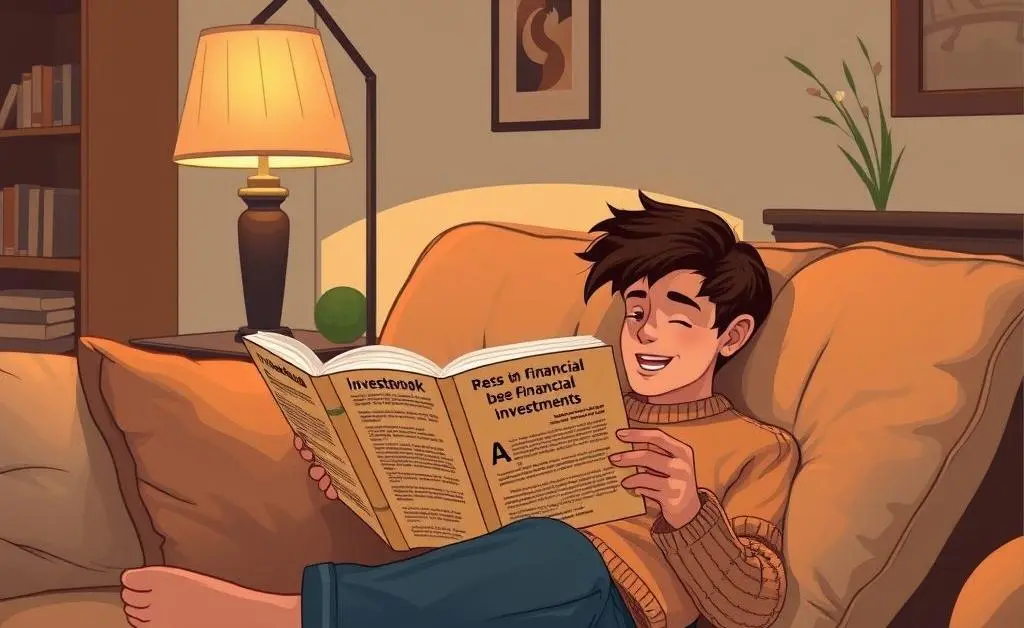 A person relaxing while reading a book about investing.