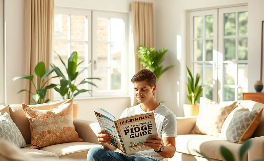 Sunny living room setting featuring a relaxed person reading an investment guidebook.