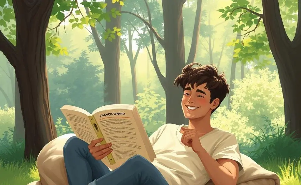An illustration of a relaxed person sitting in a peaceful setting, reading about investing