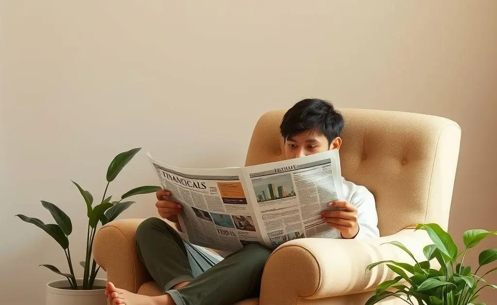 Soft, calming image of a person sitting in a cozy chair with a financial newspaper and a potted plant nearby.