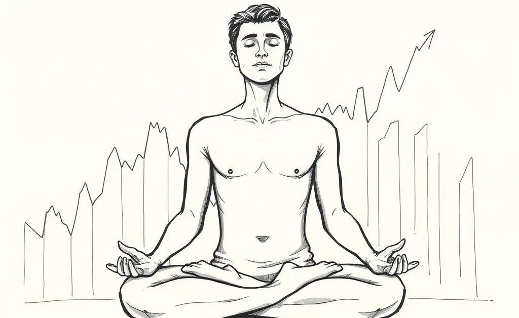 Illustration of a person meditating with stock graphs in the background.