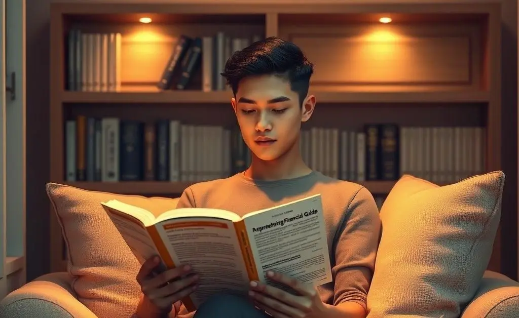 A serene scene with a person calmly reading an investment book