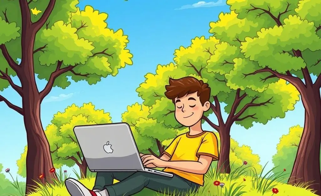 A person using a laptop outdoors, surrounded by trees, representing calm investing.