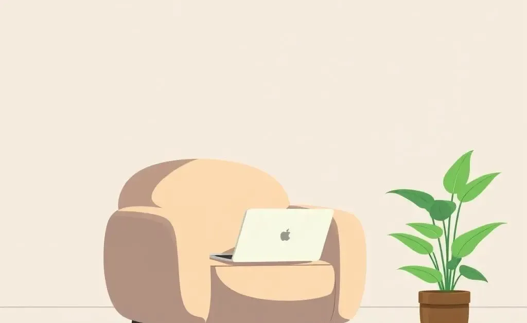A serene setting with a comfortable chair, laptop, and a plant signifying calm and focus