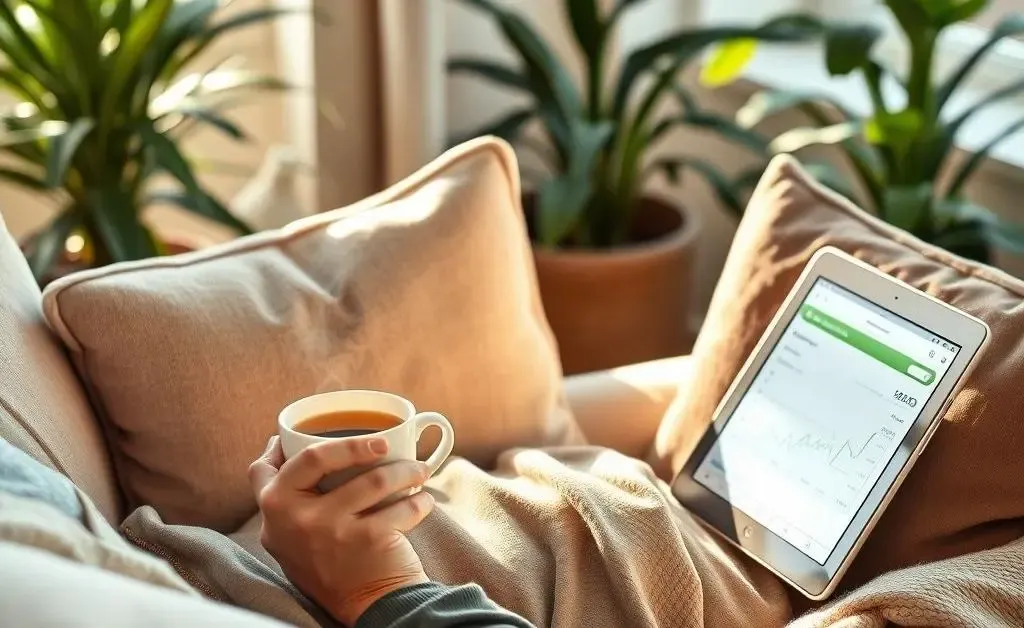 Relaxed person reviewing investments on a tablet