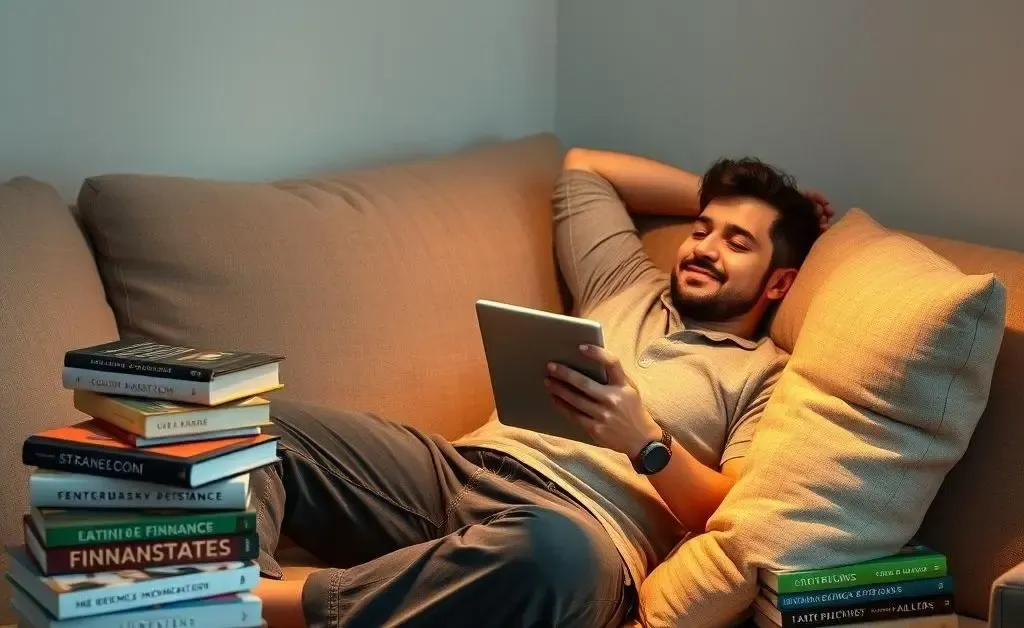A relaxed individual sitting on a couch with financial books and a tablet.