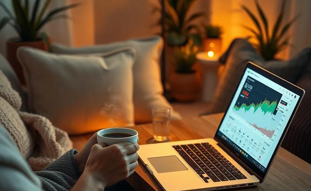 Person relaxing with a laptop open to finance charts, sipping coffee in a cozy setting