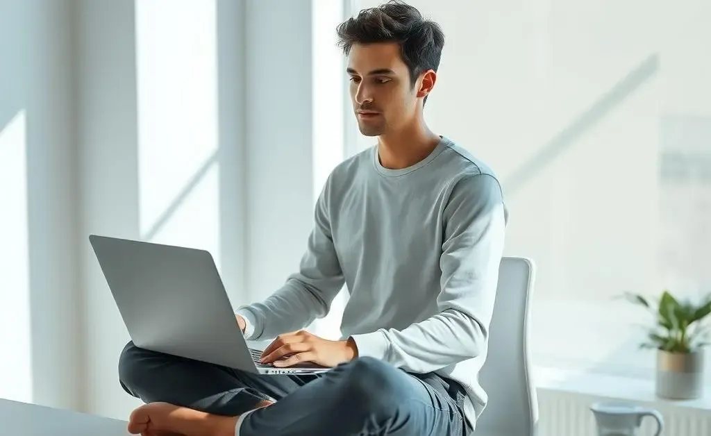 A person sitting calmly with a laptop open, illustrating calm decision-making in finance