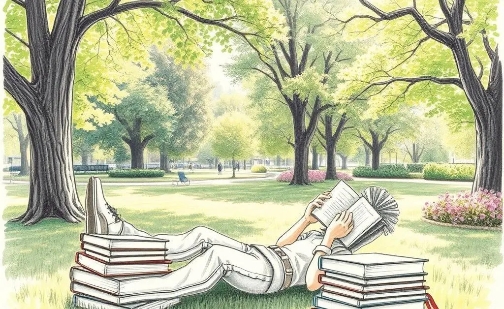 Person relaxing with investment books in a park
