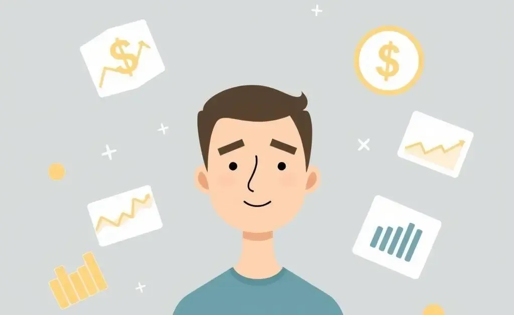 A minimalist cartoon of a calm person sitting among floating financial graphs and icons.