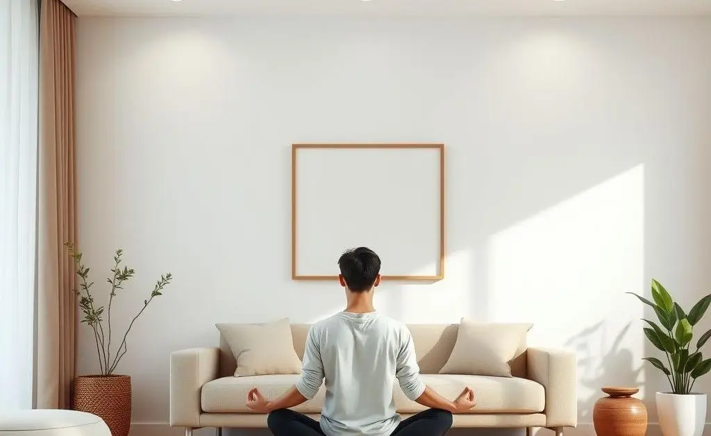 A calm, minimalist living room for meditation and investment reflection.
