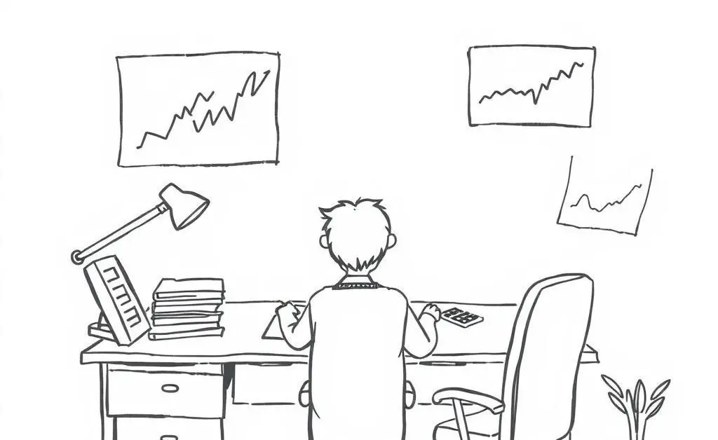 A person at a desk analyzing investment charts and staying calm.