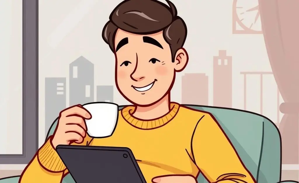 Cartoon image of a relaxed person enjoying coffee while checking their investments on a tablet.