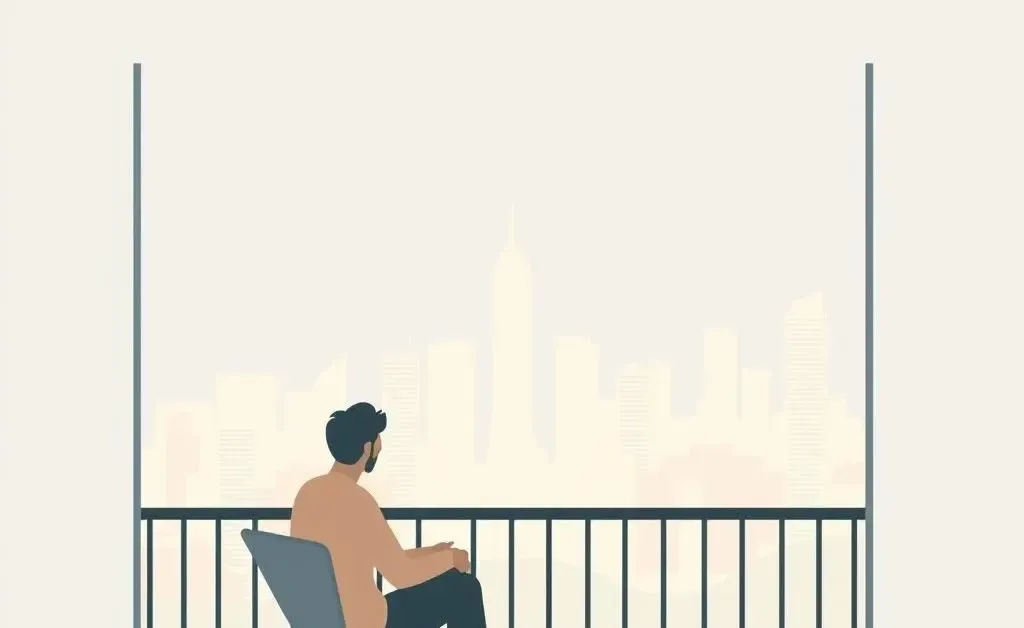 Illustration of a serene person sitting on a balcony overlooking a city.