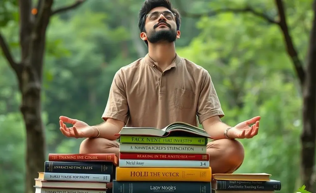 A person meditating on a pile of books about investing, surrounded by nature.
