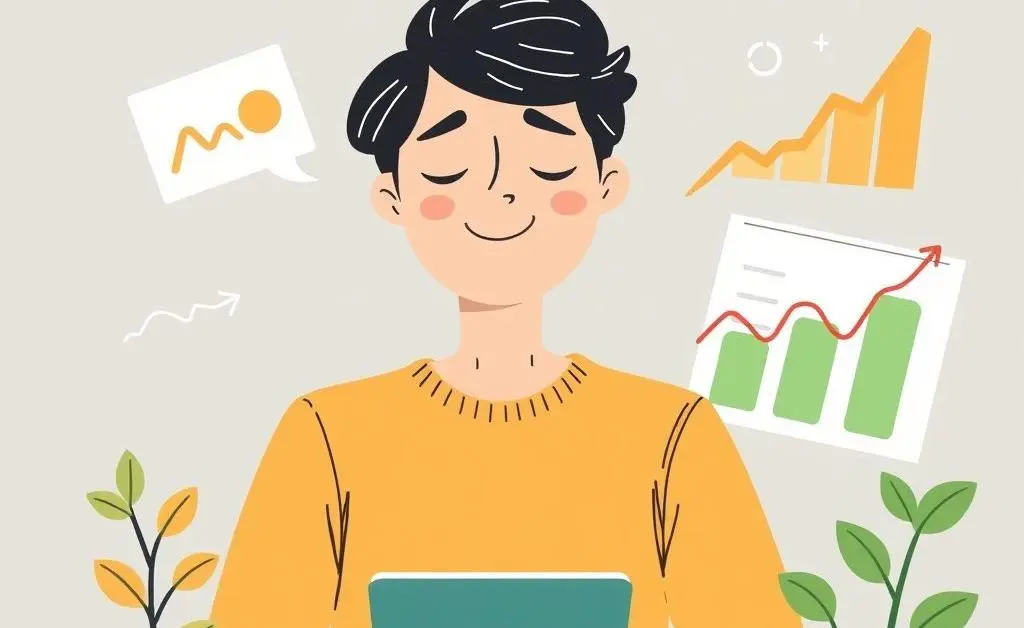 A person calm while investing, surrounded by growth charts.
