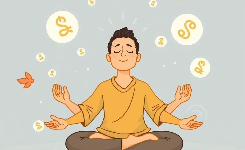 A serene person meditating with stock symbols around