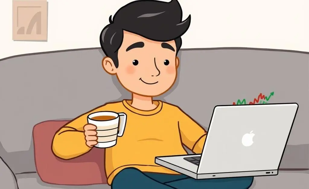 A cartoon of a person calmly sitting on a couch with a cup of tea, laptop open with stock charts displayed.