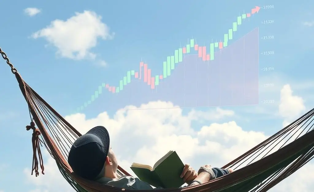 Person reading in hammock under stock chart sky