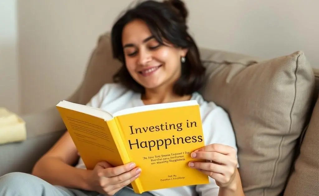 Person relaxing with book on investing in happiness