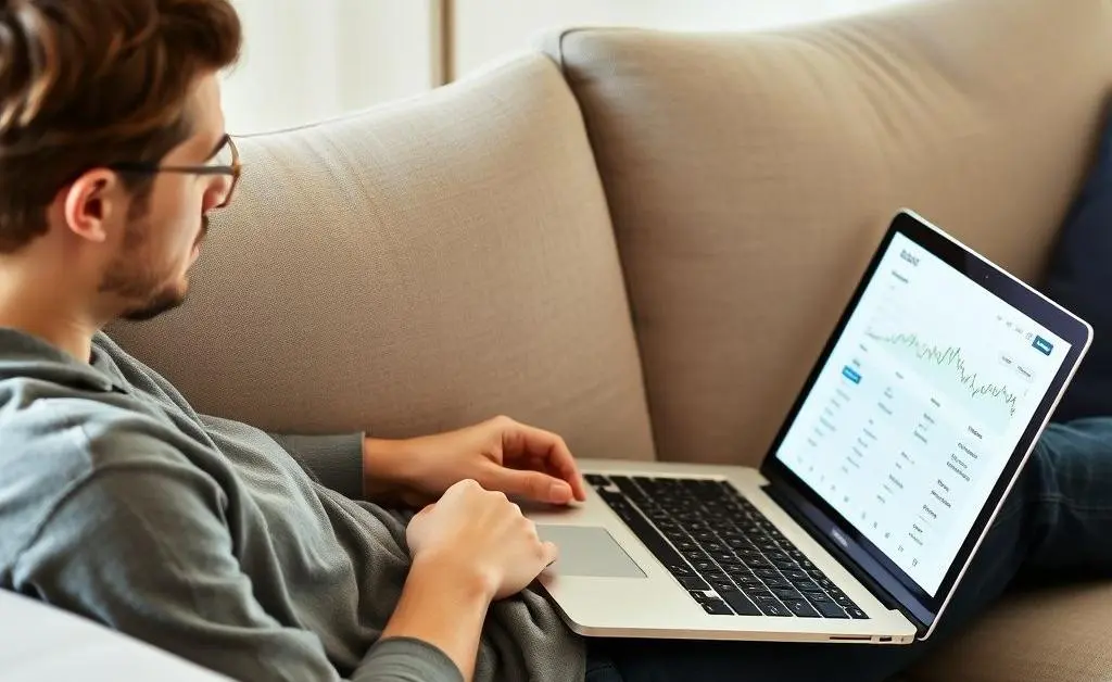 A relaxed person on a sofa with a laptop