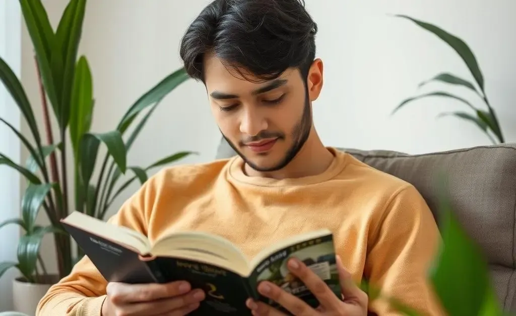 A relaxed person reading a book on investing.