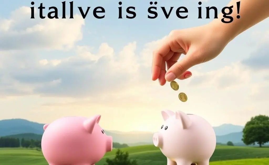 A serene landscape with a person slowly adding coins into a piggy bank.