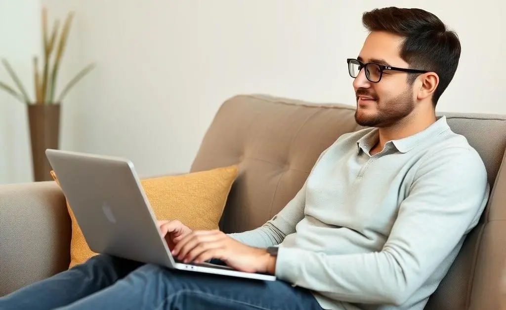 A person sitting calmly on a sofa exploring investment options
