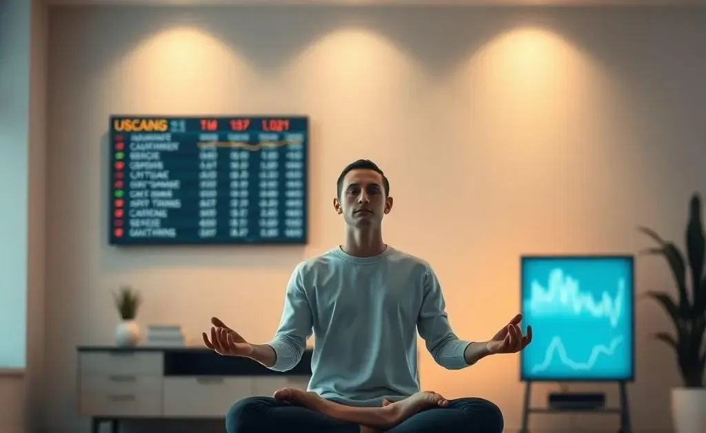 A serene scene of a person meditating next to a stock market ticker, symbolizing calm in investing