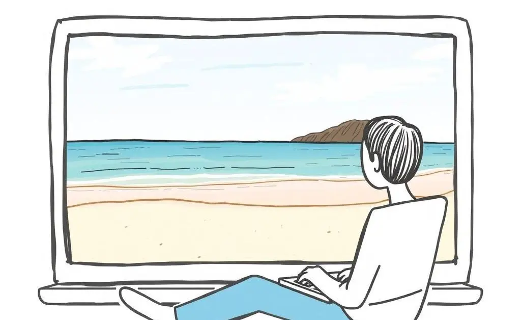 Calm person using a laptop to plan investments while imagining a tranquil beach.