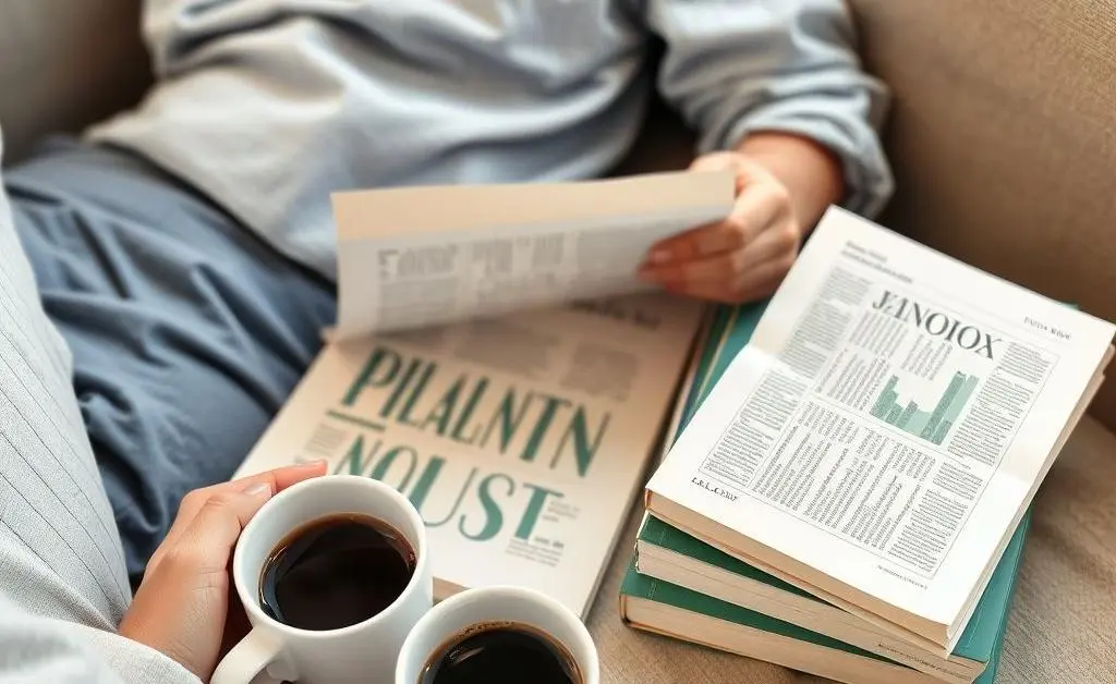 Peaceful investing planning scene with coffee and books.