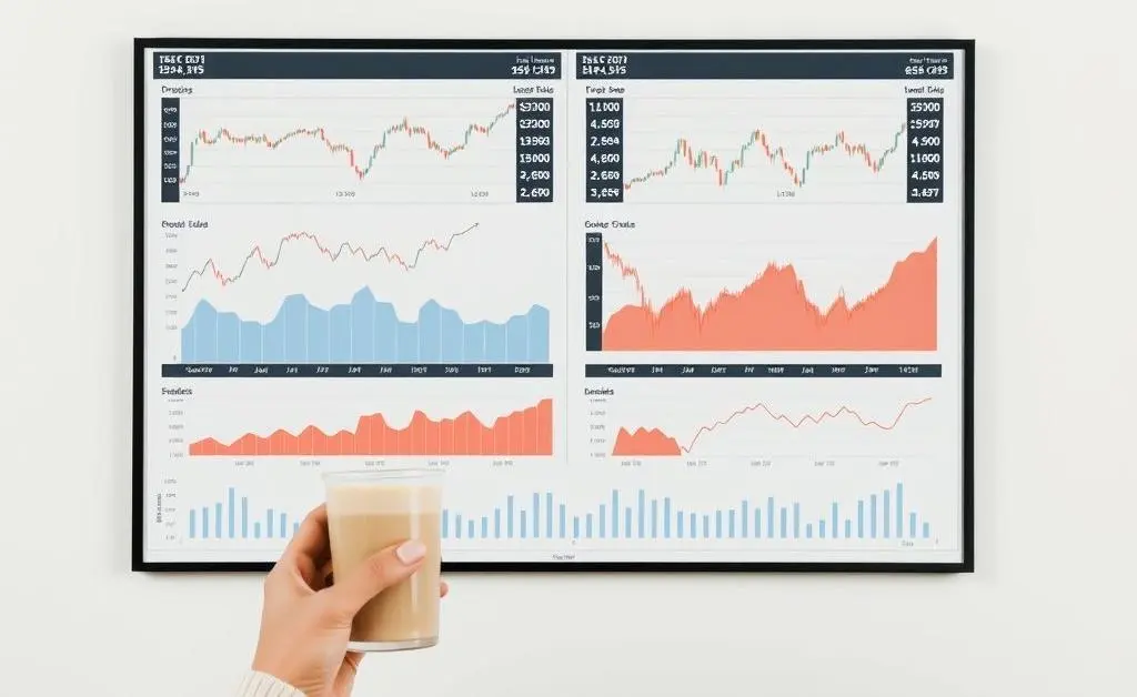 A minimalist image showing a relaxed person looking at stock charts with a warm beverage in hand.