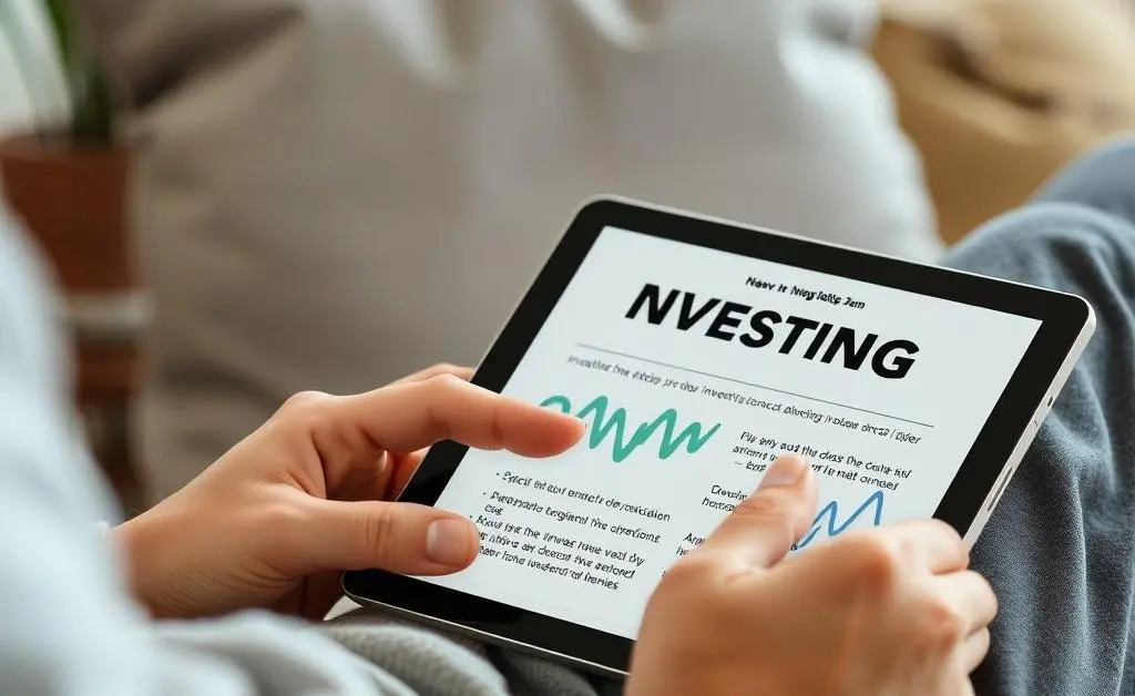 Relaxing scene of a person reading about investing on a tablet.