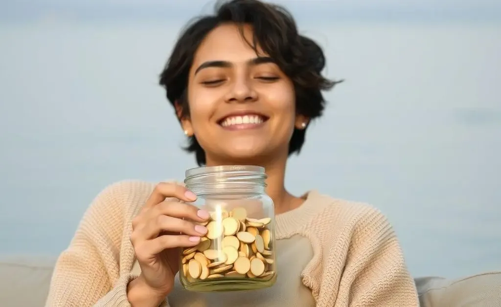 Calm setting with a person relaxed and smiling while holding a savings jar