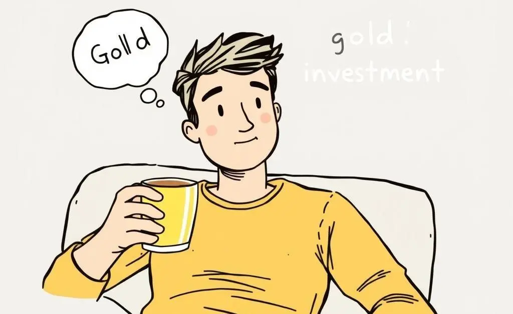 A hand-drawn style image of a person relaxing with a cup of coffee, thinking about gold investments.